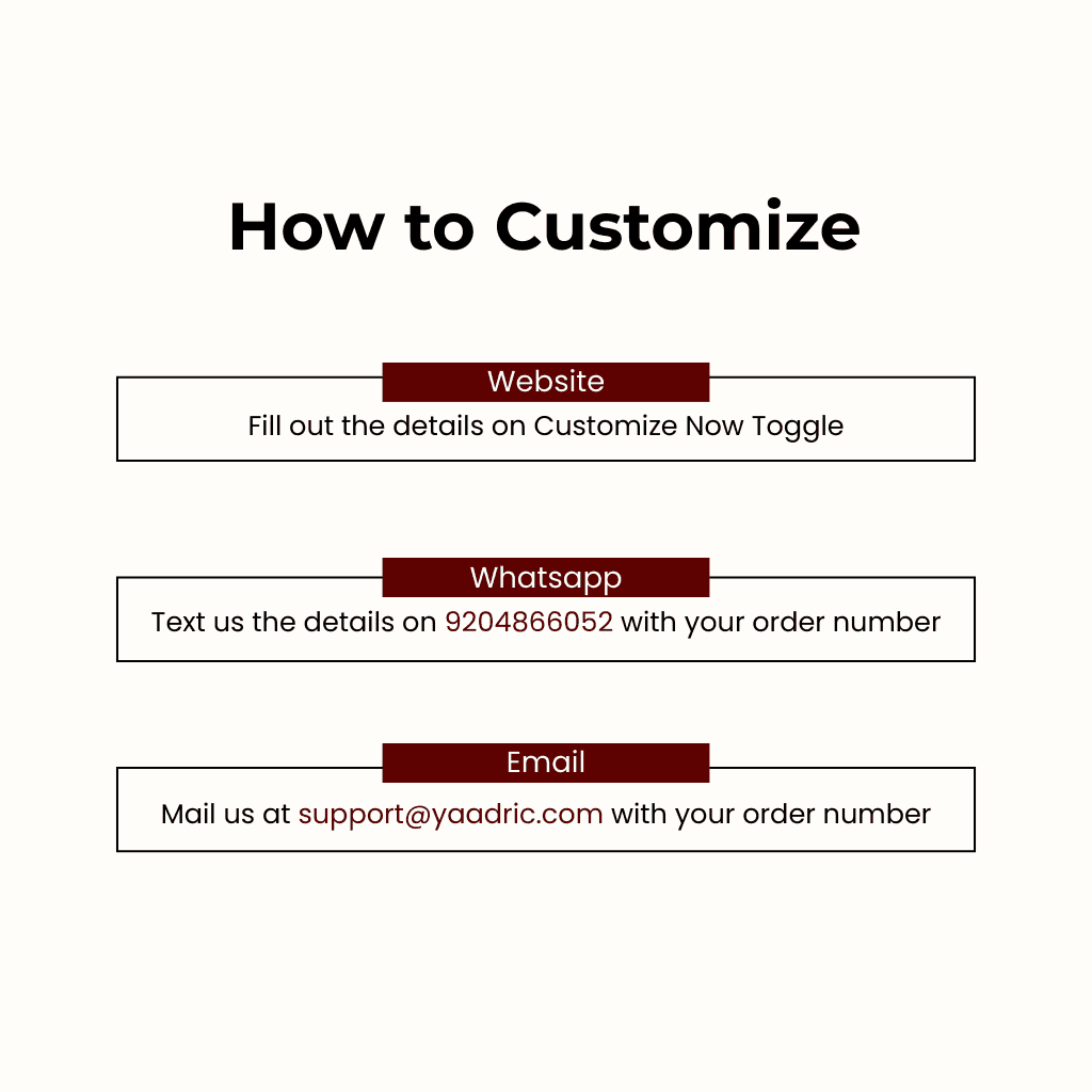 Customization guide for Yaadric website, WhatsApp, or email. Easy steps to personalize your orders