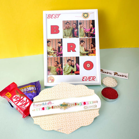 Collage of a photo frame with a Rakhi and snacks on a colorful background
